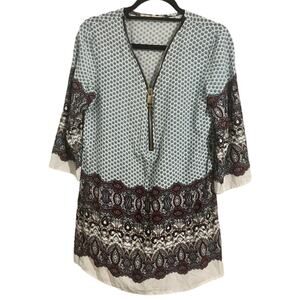 Vintage Pullover Tunic Top Batik Print V-Neck Zipper Blouse Blue Burgundy M/L